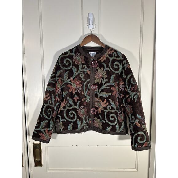 Patty Kim Floral Velvet Tapestry Button Front Blazer Womens Size Medium Brown - Picture 1 of 7